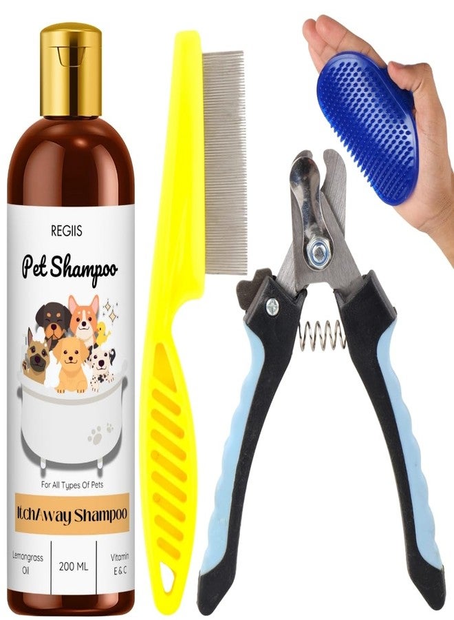 REGIIS Pet Grooming Kit, Dog Shampoo with Lemongrass Oil, Nail Clippers, Flea Comb, Massage Brush, 4-Piece Set for All Types of Pets, 200 ML - Image 1